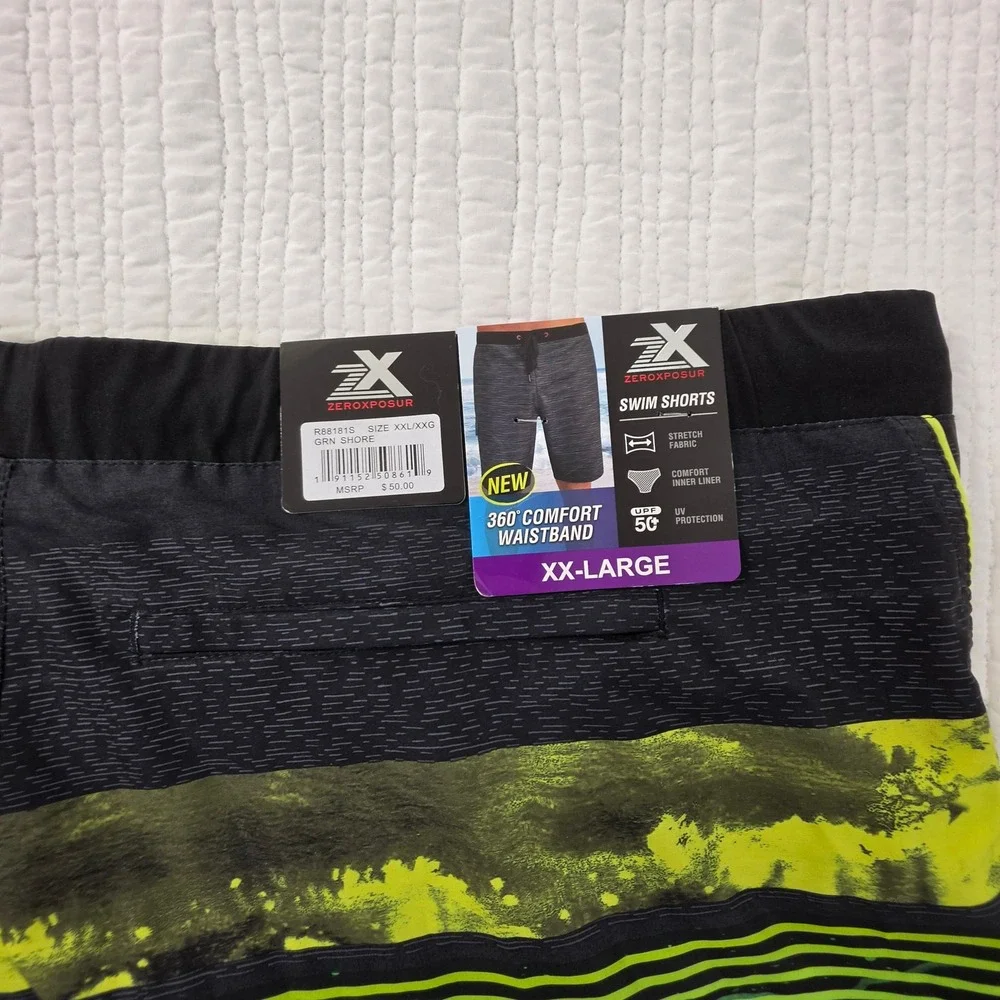 ZeroXposur Mens Swim Shorts‎ XXL Black Neon Green Striped Board Shorts NWT